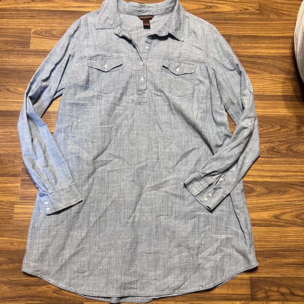Bit & Bridle Blue Chambray Denim Shirt Dress Medium Roll Tab Long Sleeve Western